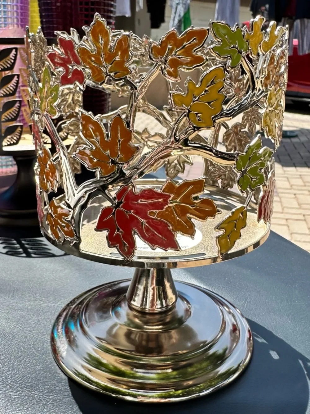 Decorative Metal Leaf Pedestal Candle Holder - Multicolor - Picture 2 of 4